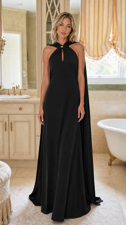 Front view of black evening gown with cape