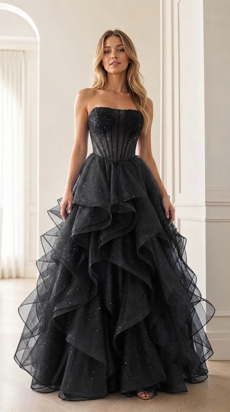 Black strapless glitter tulle tiered corset ball gown