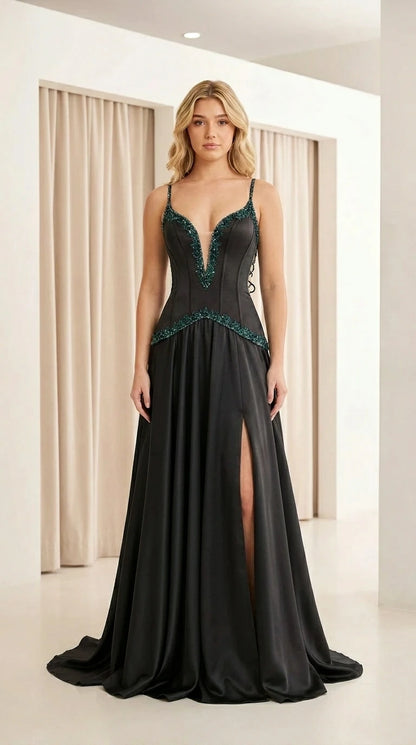 Front view of black satin evening dress