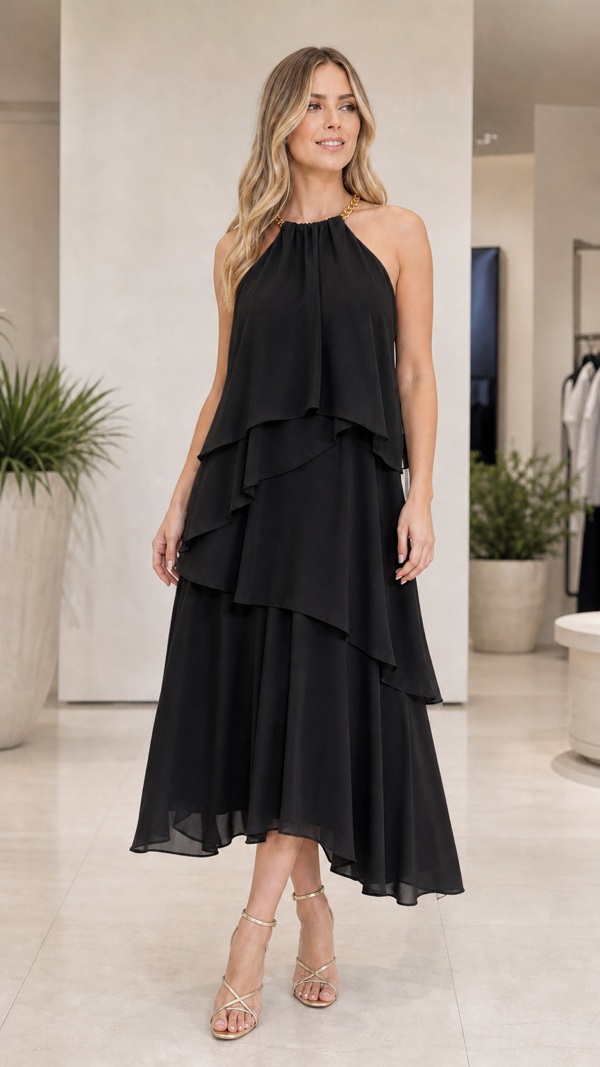 Black tiered halter midi dress shown from the front