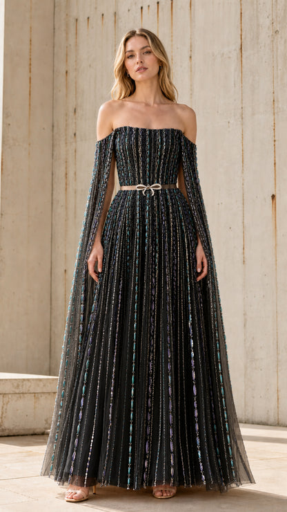 Front view of black color variant of the embellished tulle evening gown