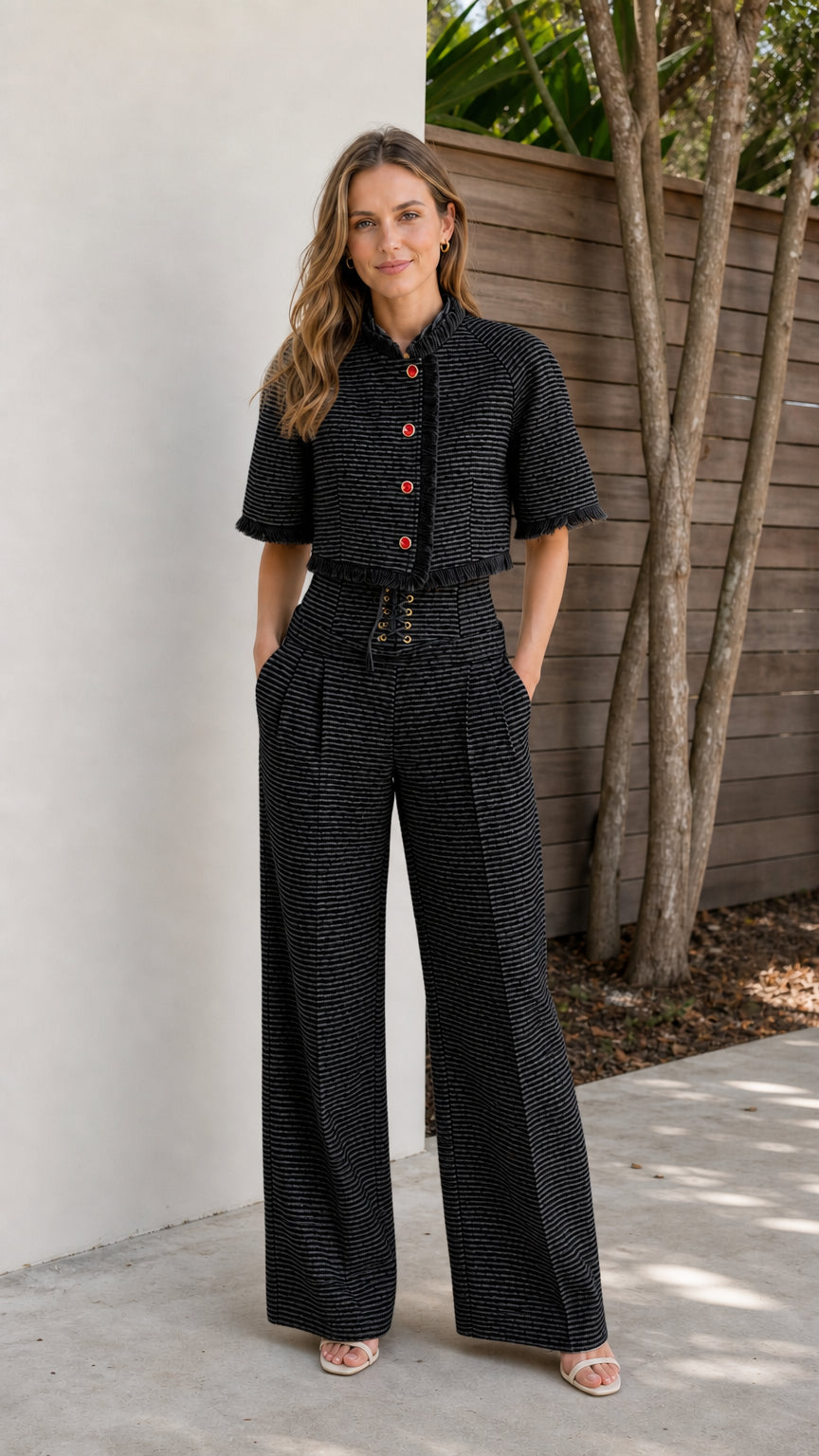Model wearing black tweed crop jacket and wide-leg pants set