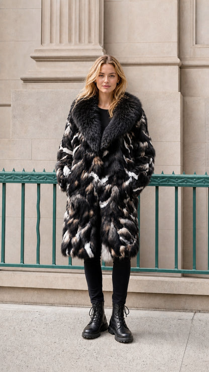 Model wearing black patterned faux fur coat