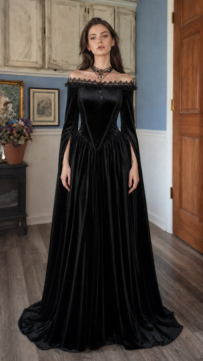 Front view of black gothic velvet maxi dress