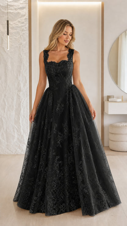 Front view of black lace ball gown evening dress