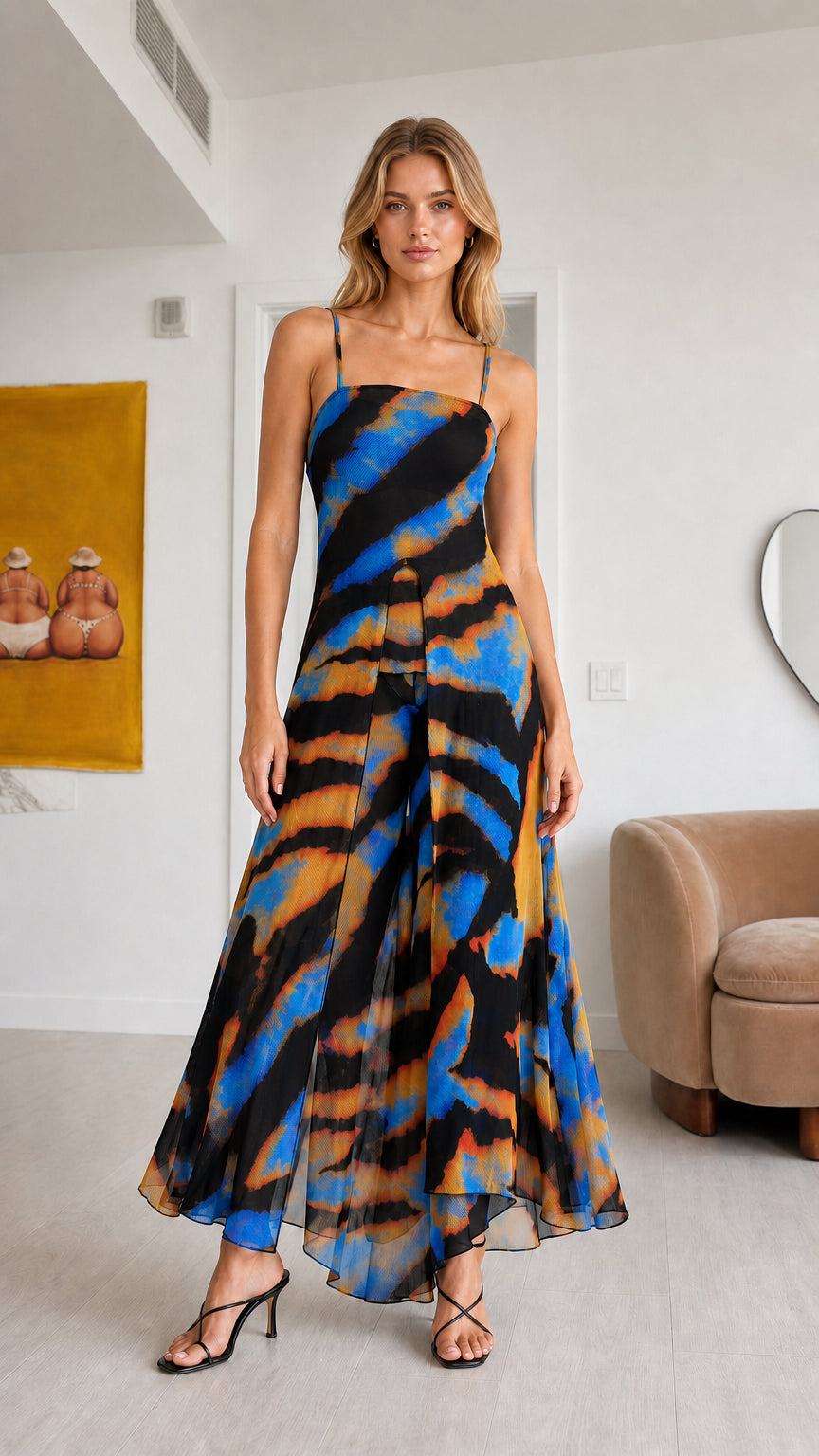 Studio portrait of model wearing Black Multi abstract print sleeveless two-piece set