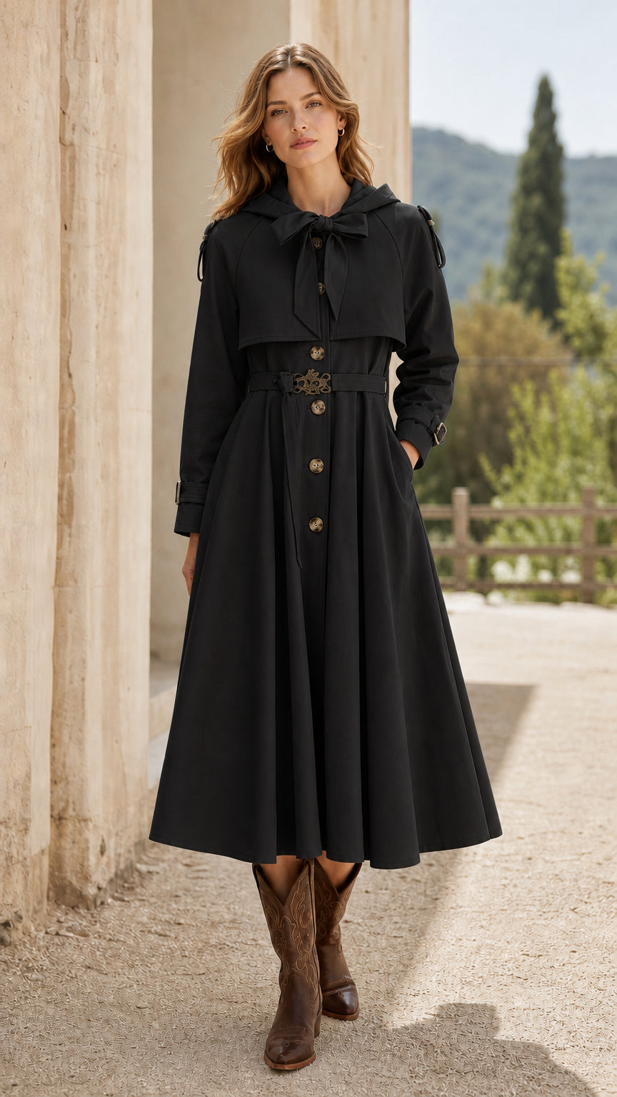 Front view of woman wearing black hooded swing trench coat