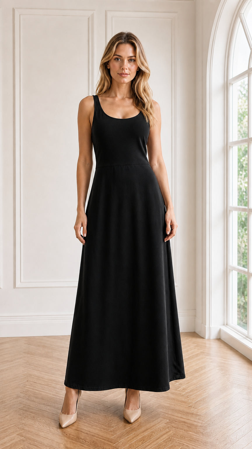 Front view of model wearing classic black sleeveless scoop neck maxi dress
