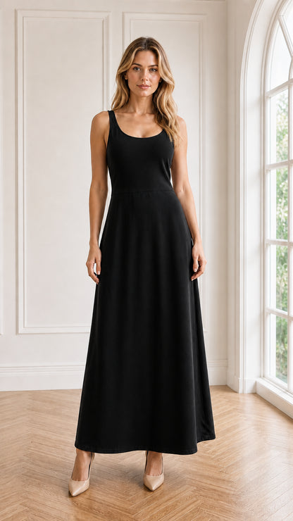 Front view of model wearing classic black sleeveless scoop neck maxi dress