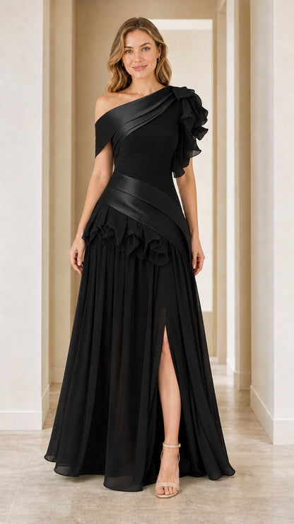 Model wearing black one-shoulder evening gown