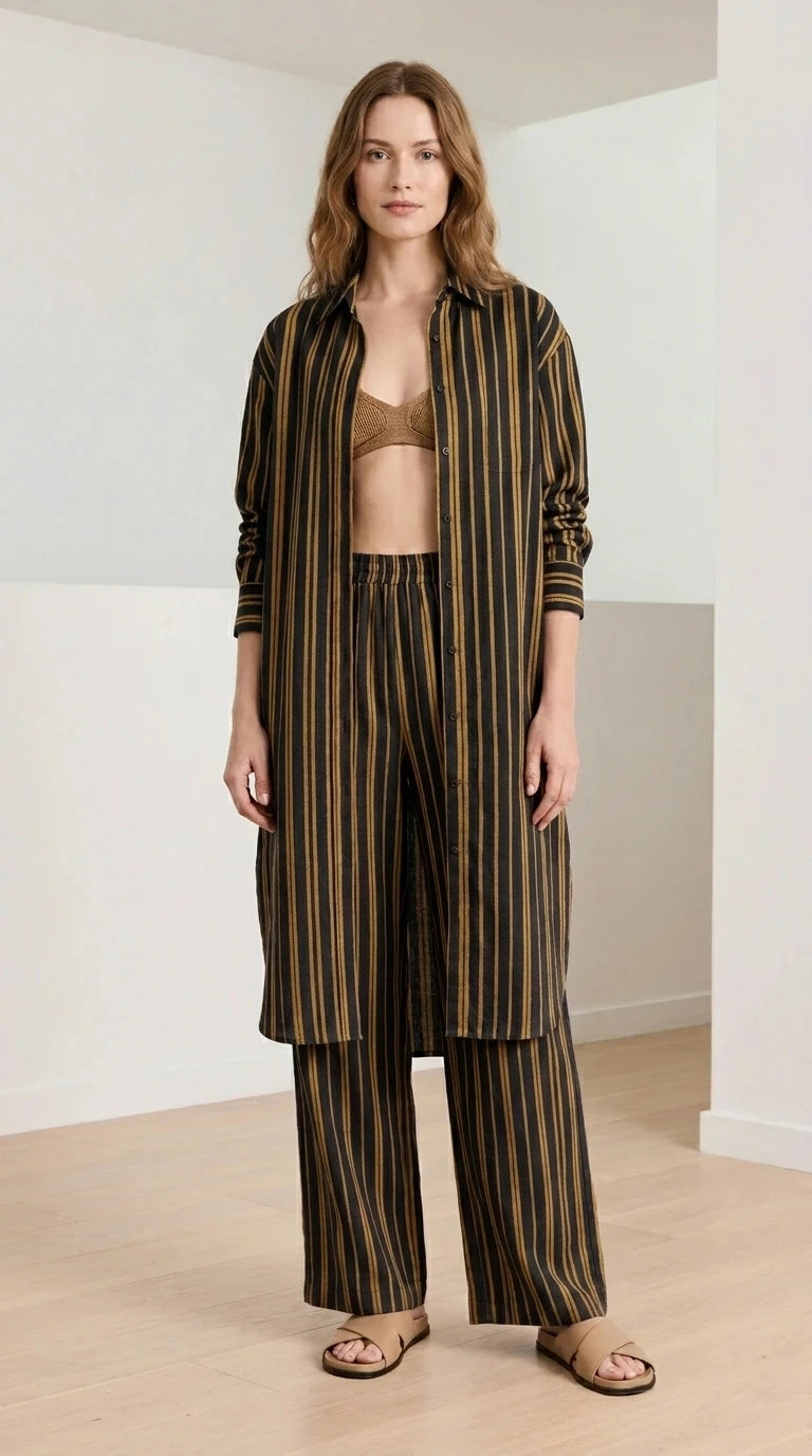 Woman wearing black striped coordinate set