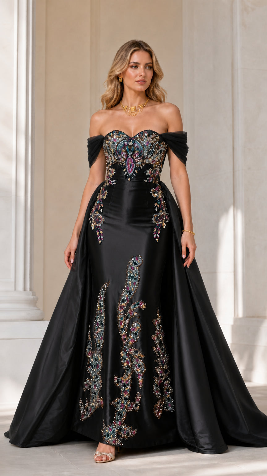 Black variant of beaded mermaid evening gown
