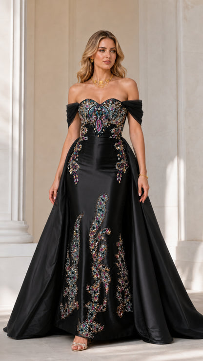 Black variant of beaded mermaid evening gown