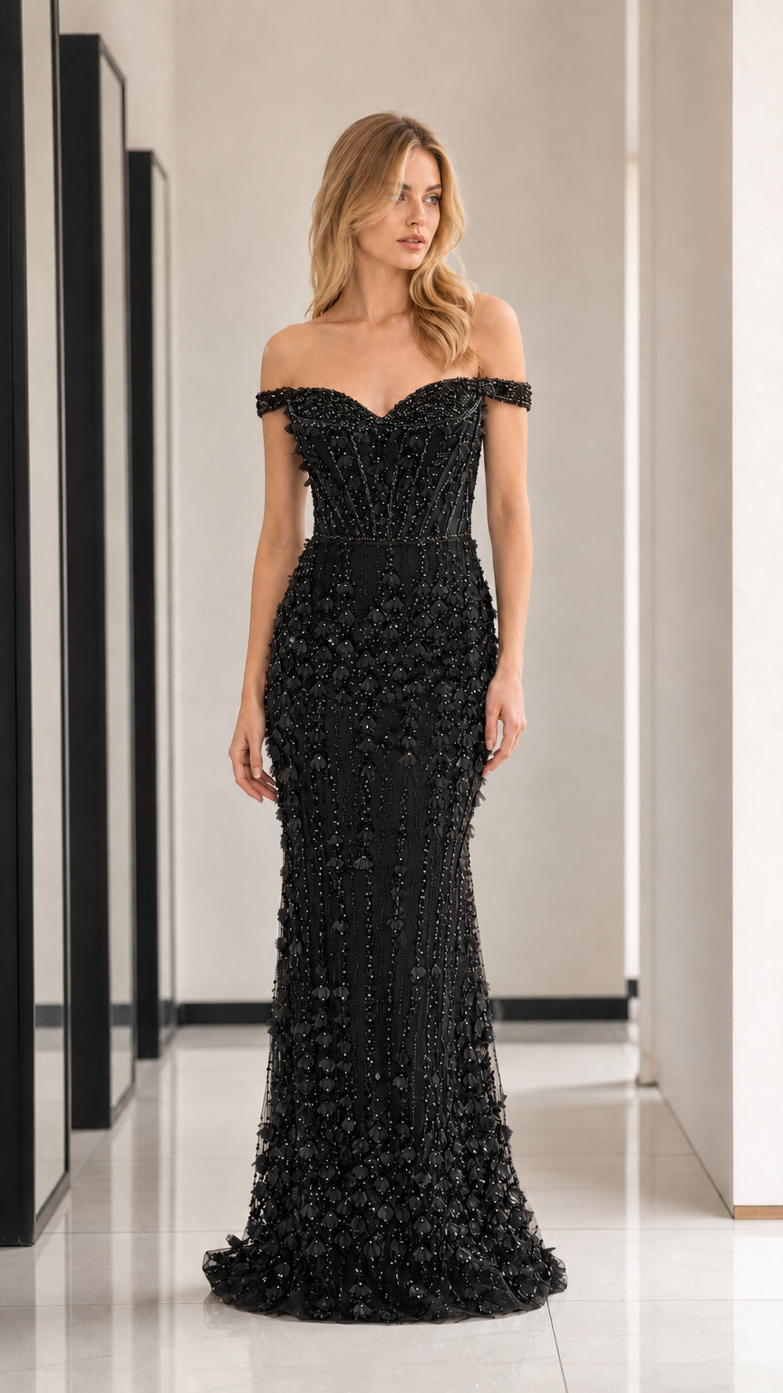 Black off-shoulder beaded evening gown