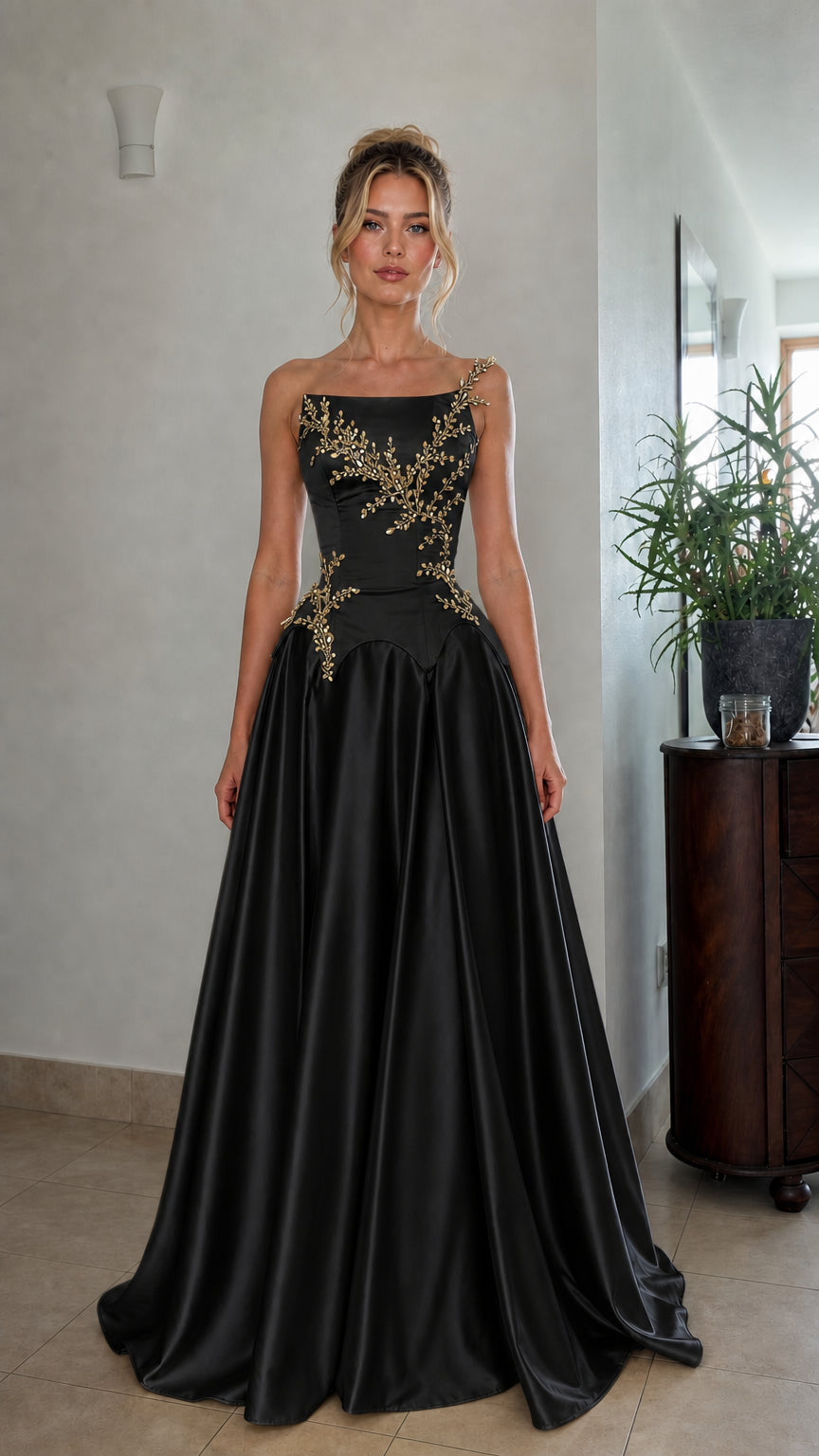 Front view of black satin formal evening gown