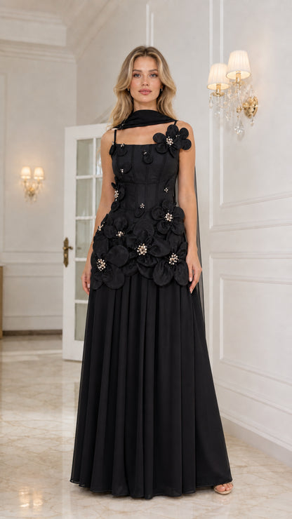 Front view of black floral applique corset evening gown
