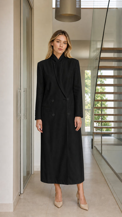 Model wearing black double-breasted stand collar maxi coat dress