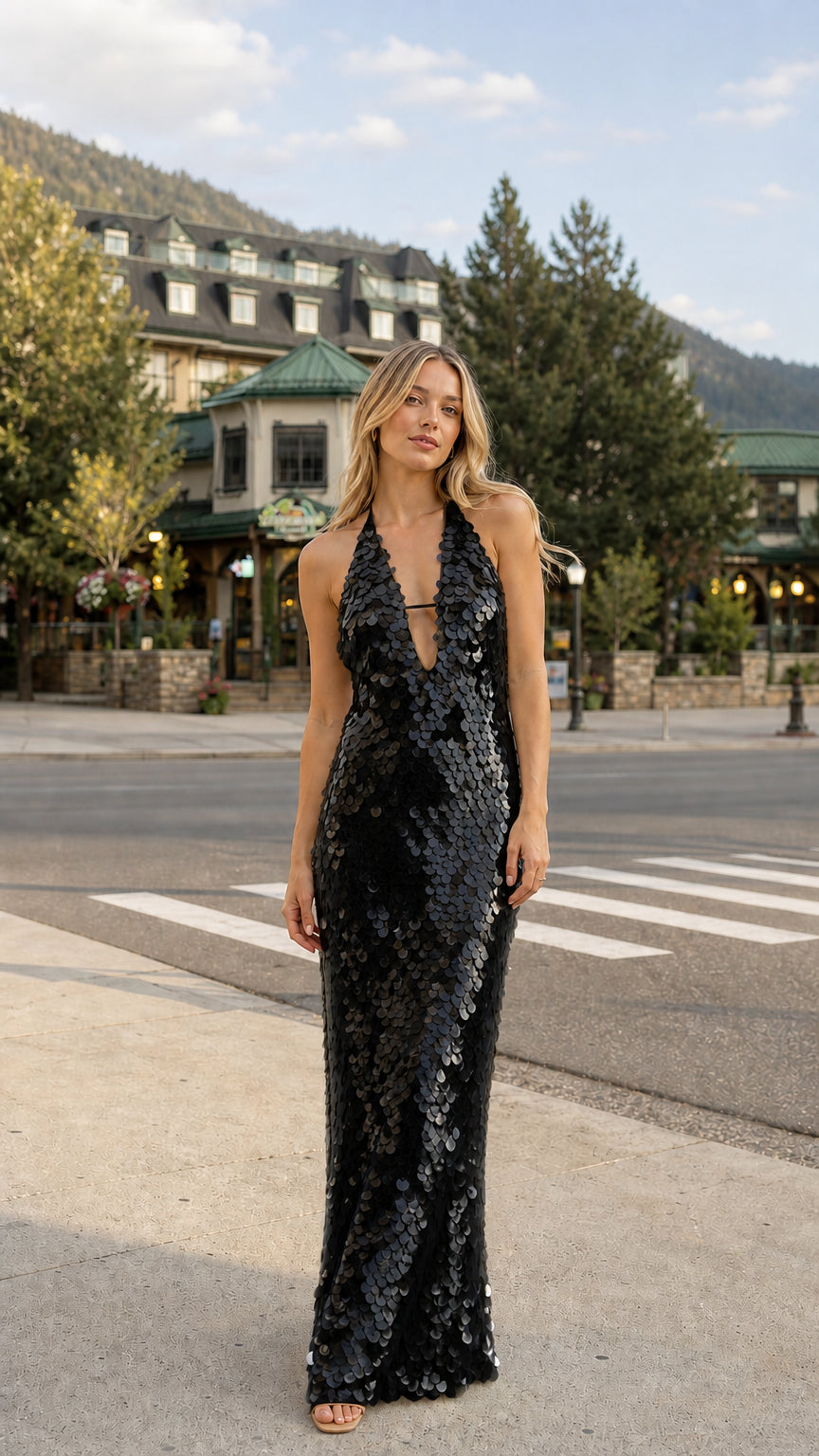 Woman wearing black sequin halter maxi dress