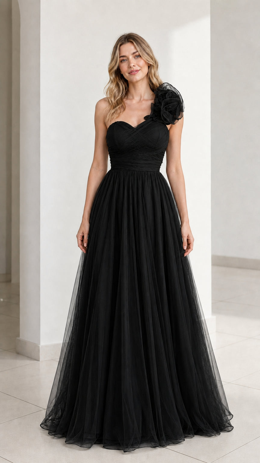 Front view of black one-shoulder tulle evening gown