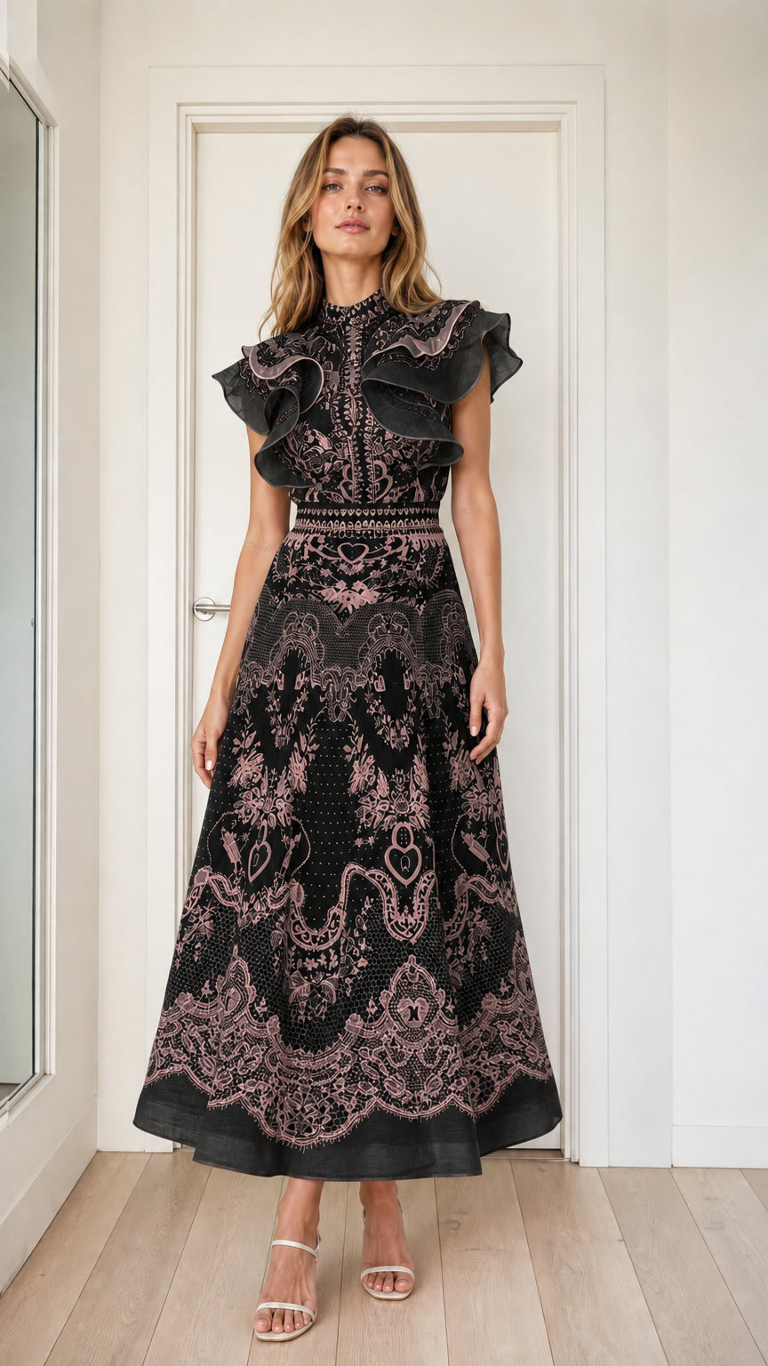 Black variant of the elegant ruffled midi dress