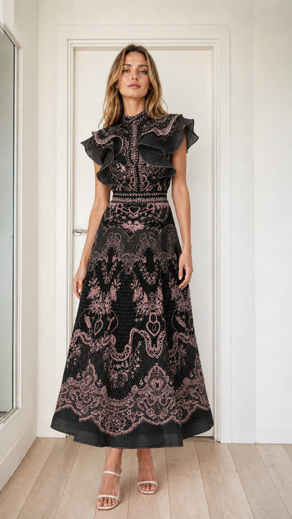Black variant of the elegant ruffled midi dress