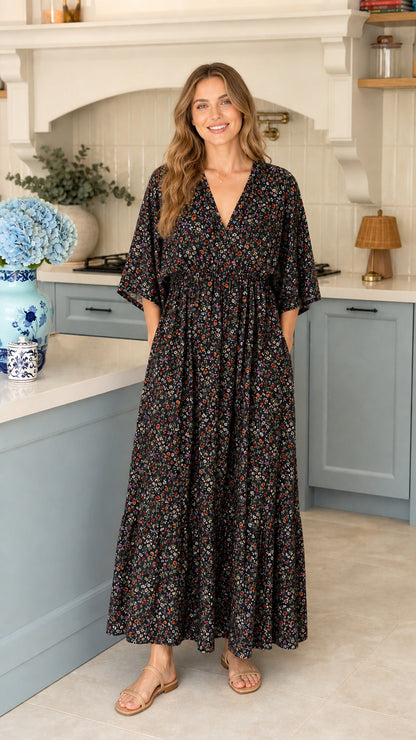 Full front view of model wearing black ditsy floral maxi dress