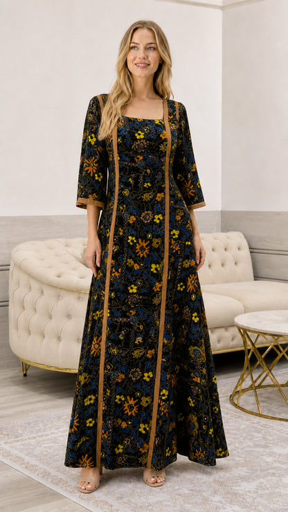 Full front view of black floral print square neck maxi dress