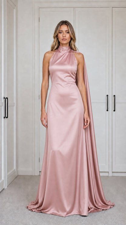 Blush Pink Satin Mock Neck Maxi Dress front view