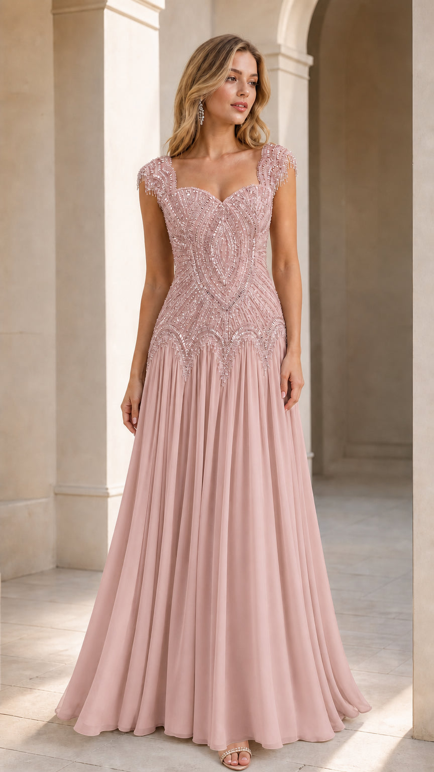 Dusty rose beaded sweetheart evening gown with flowing skirt