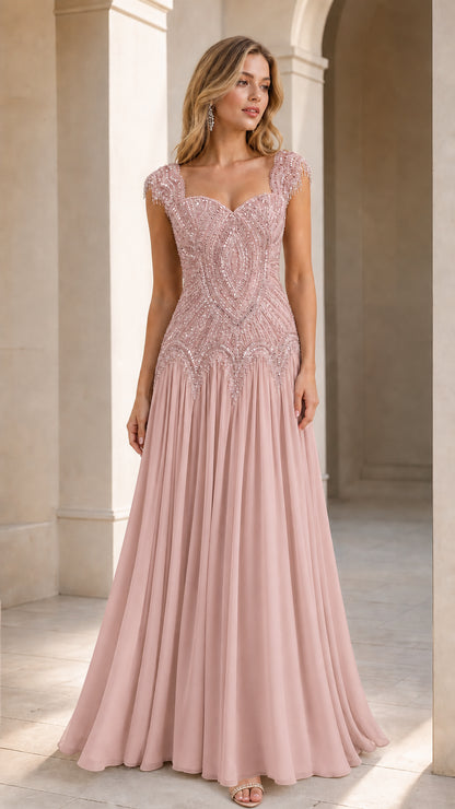 Dusty rose beaded sweetheart evening gown with flowing skirt