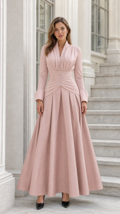 Front view of pink and pink-toned two-tone maxi dress