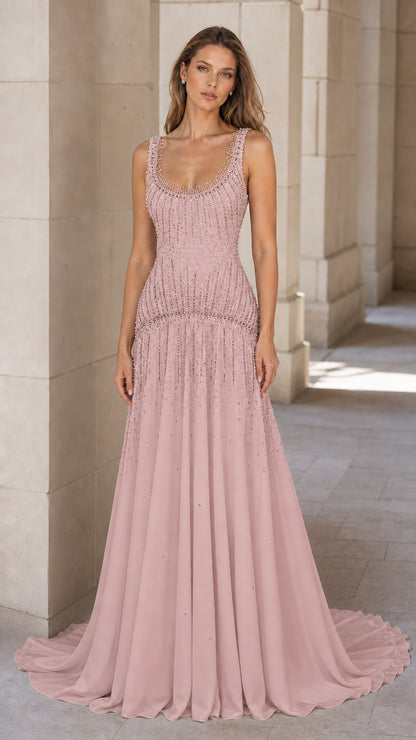 Front view of pink beaded evening gown