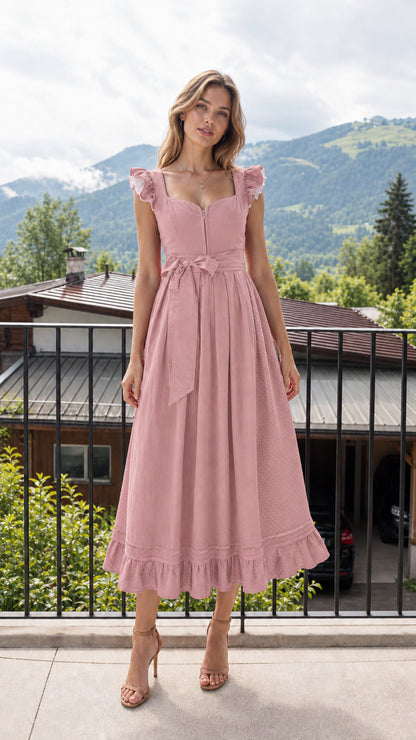 Front view of woman wearing pink midi dress
