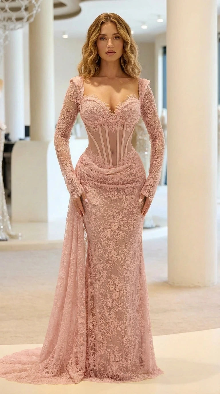 Front view of pink long sleeve corset lace evening gown