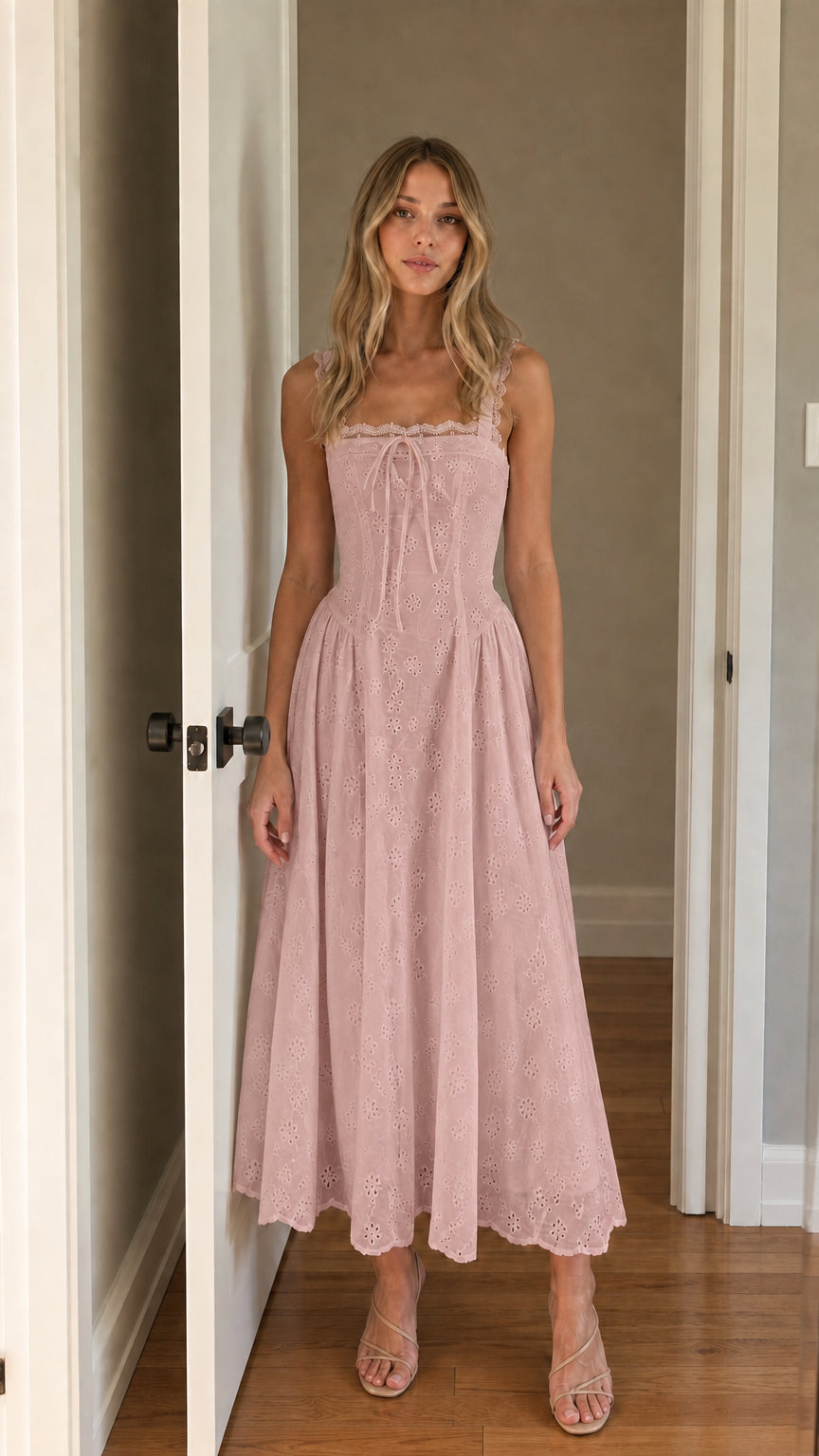 Front view of woman wearing pink square neck eyelet midi dress