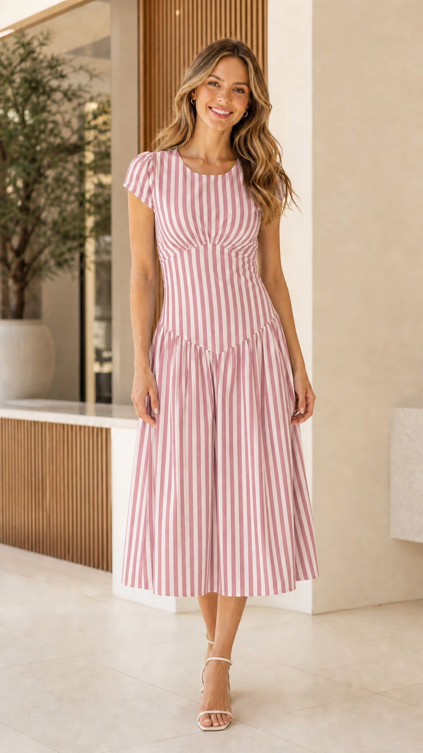 Woman wearing pink striped midi dress