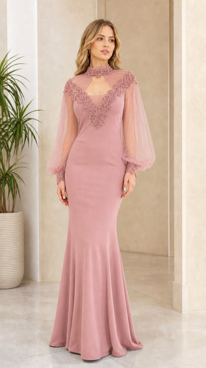 Front view of pink evening gown