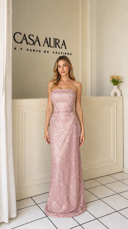 Model wearing pink strapless sequin evening dress