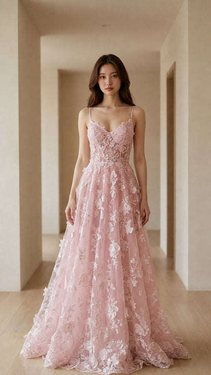 Front view of Pink floral evening dress