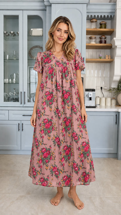 Model wearing dusty pink floral print short sleeve maxi lounge dress