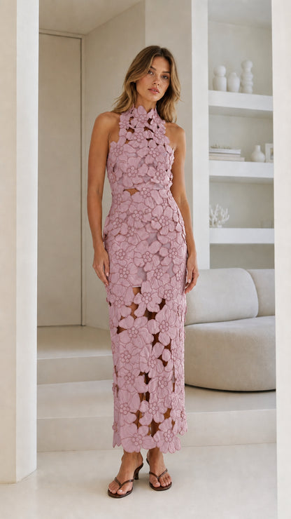 Front view of Lavender floral laser-cut halter midi dress