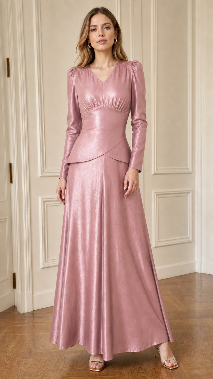 Woman posing in pink faux leather long sleeve maxi dress