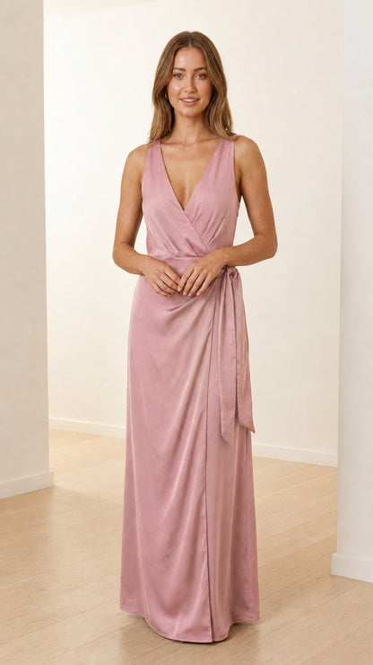 Front view of model in dusty pink wrap maxi dress