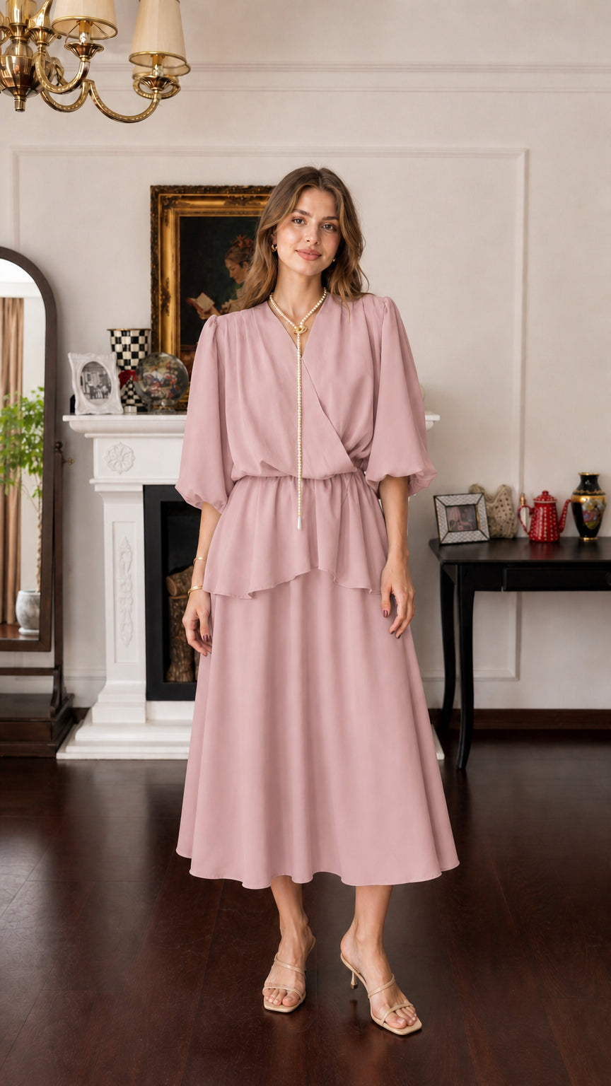 Model wearing dusty pink V-neck layered midi dress