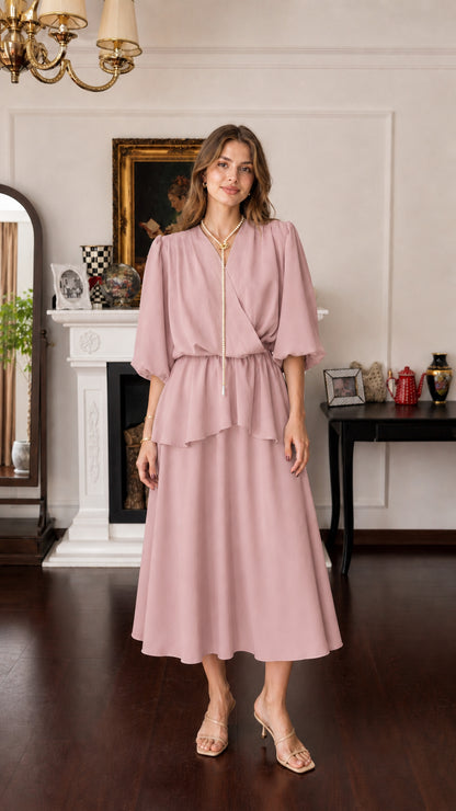 Model wearing dusty pink V-neck layered midi dress
