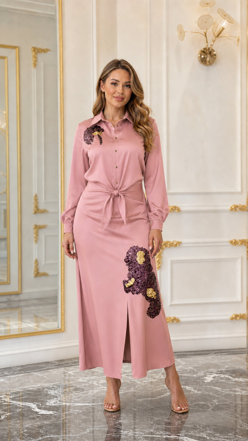 Woman wearing a dusty pink embellished maxi shirt dress with front slit