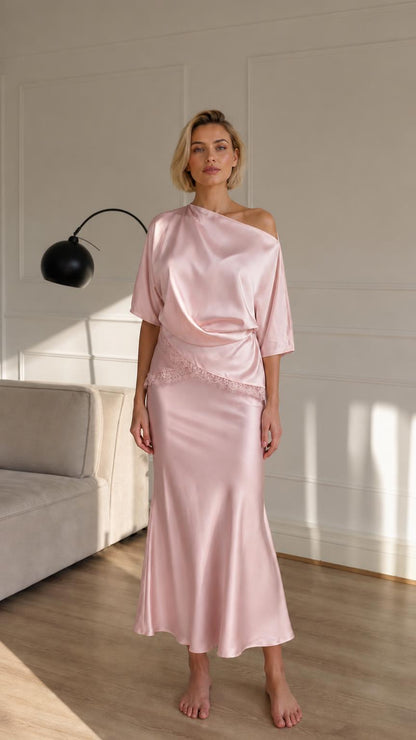 Woman wearing pink satin two-piece set