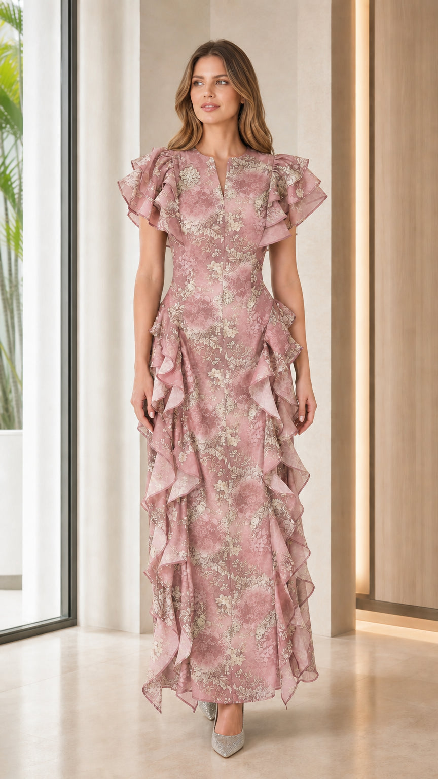 Front view of dusty rose floral print ruffle maxi dress