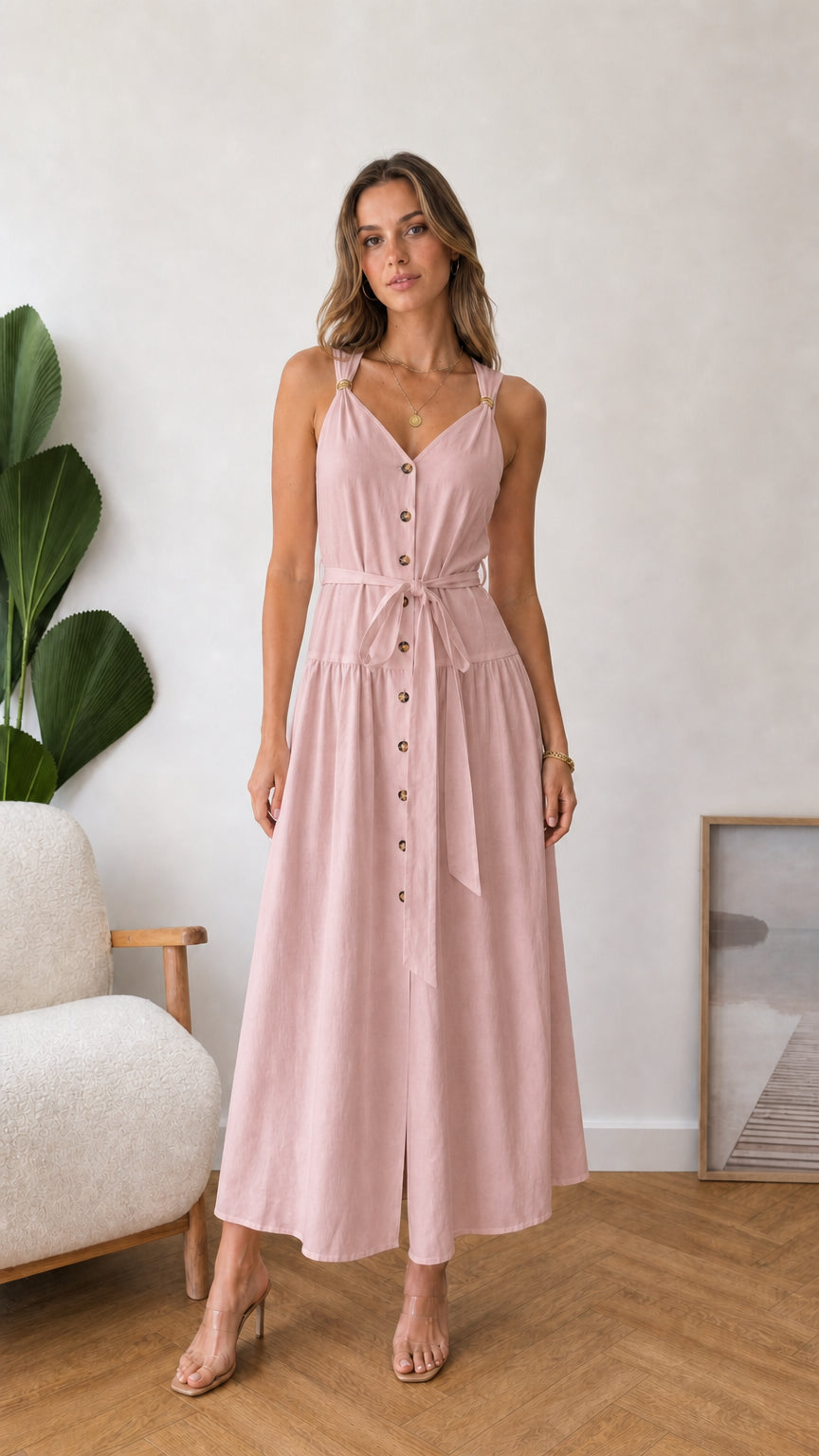 Model wearing pink button-front midi dress
