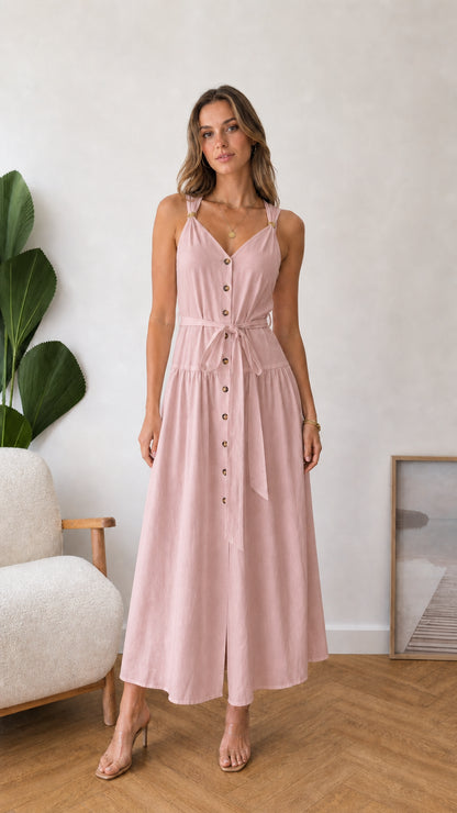 Model wearing pink button-front midi dress